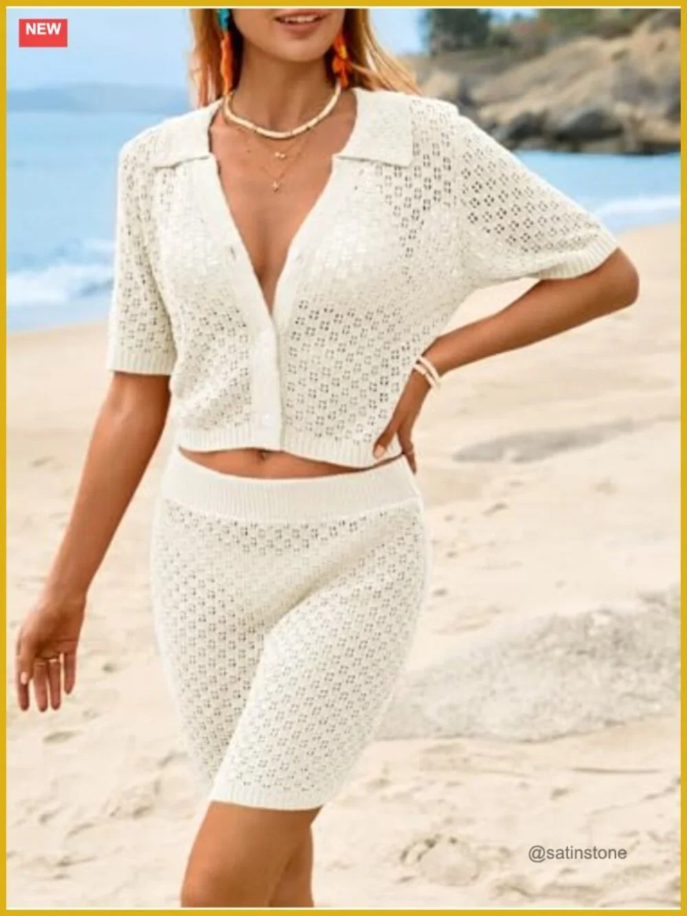 Crochet Button Short Sleeve Crop Top Mini Skirt 2 Piece Cover Up Set